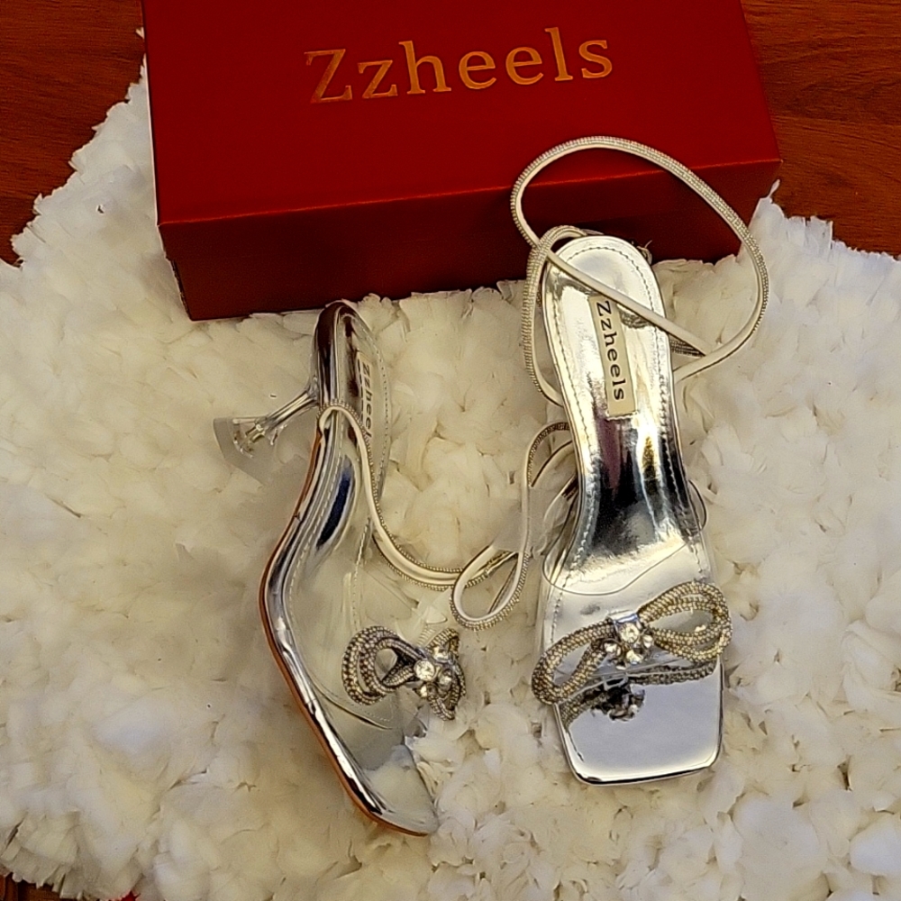 ZZHeels silver double bow knot clear slingback square toe 3.74" heel sz 7.5 NEW…